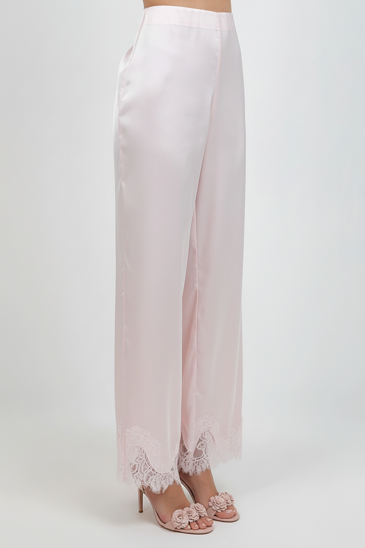 Blush Satin Trousers — Side View Pink Floral Sandals