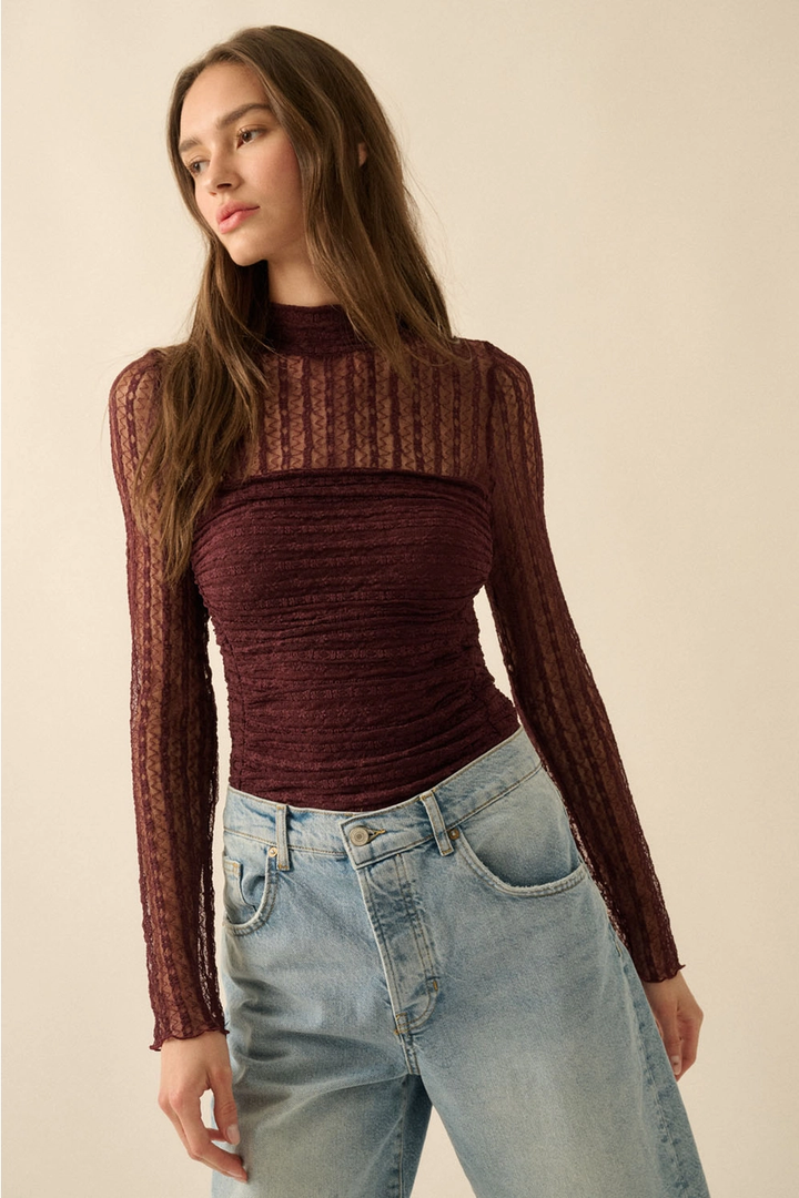 Striped Floral Lace Ruched Bodysuit ( Available in Baked Plum))