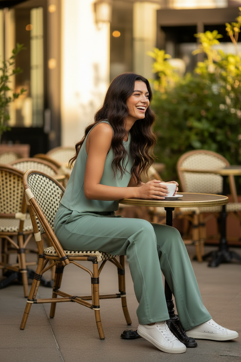 Brunette — Café seated, coffee, laughing