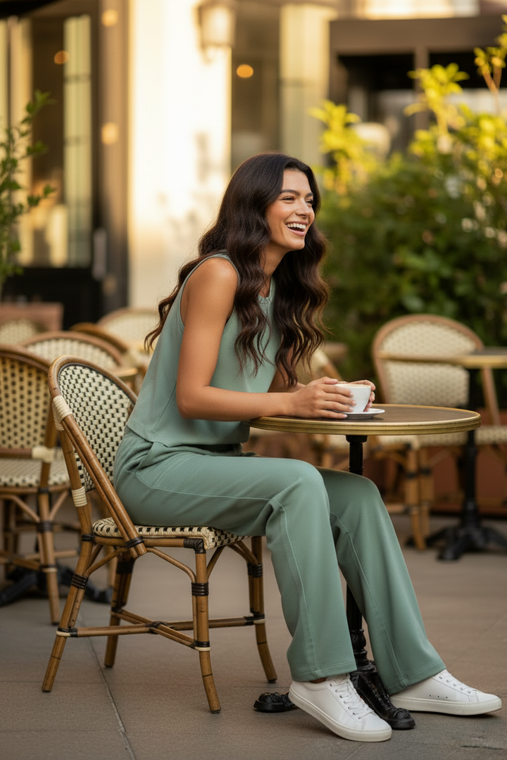 Brunette — Café seated, coffee, laughing