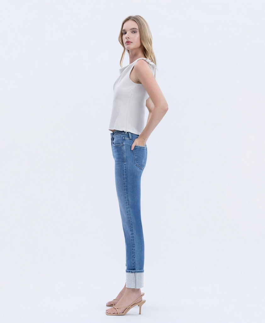 High Rise Rhinestone Cuffed Slim Straight Jeans
