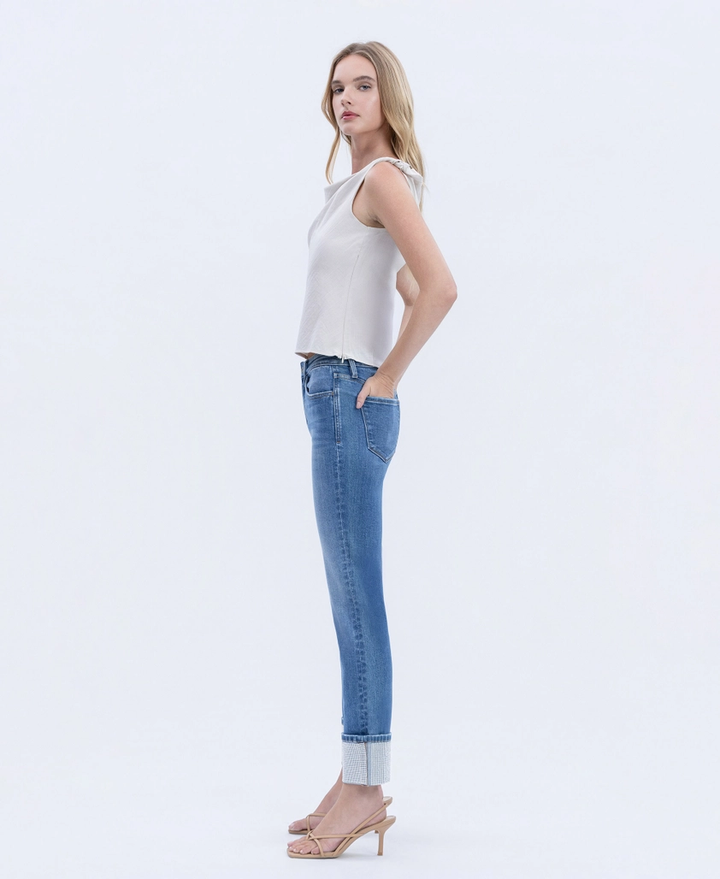 High Rise Rhinestone Cuffed Slim Straight Jeans