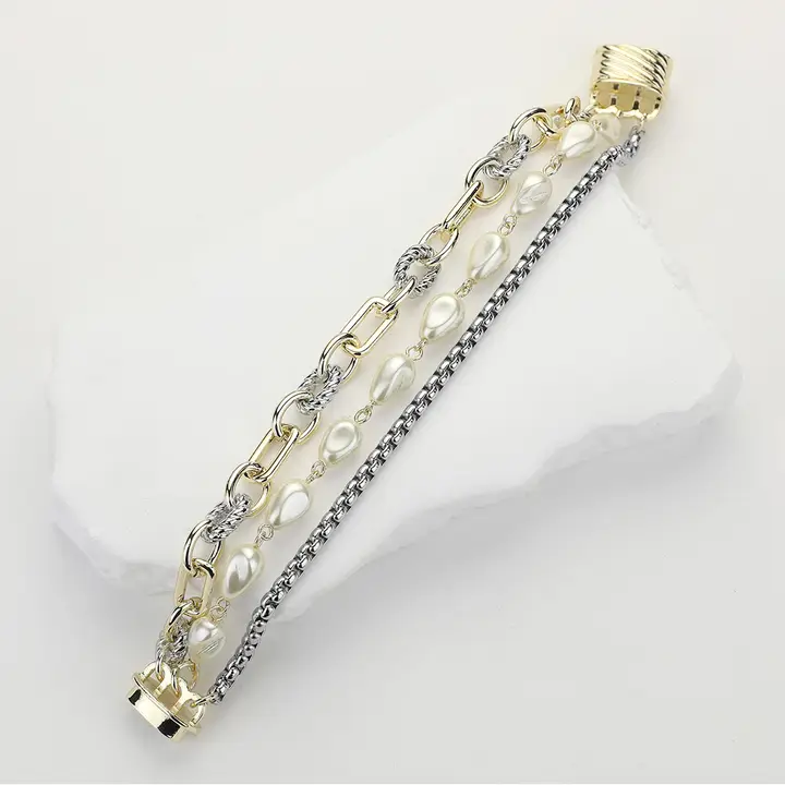 14K Gold Plated Chunky Chain Pearl Layered Bracelet