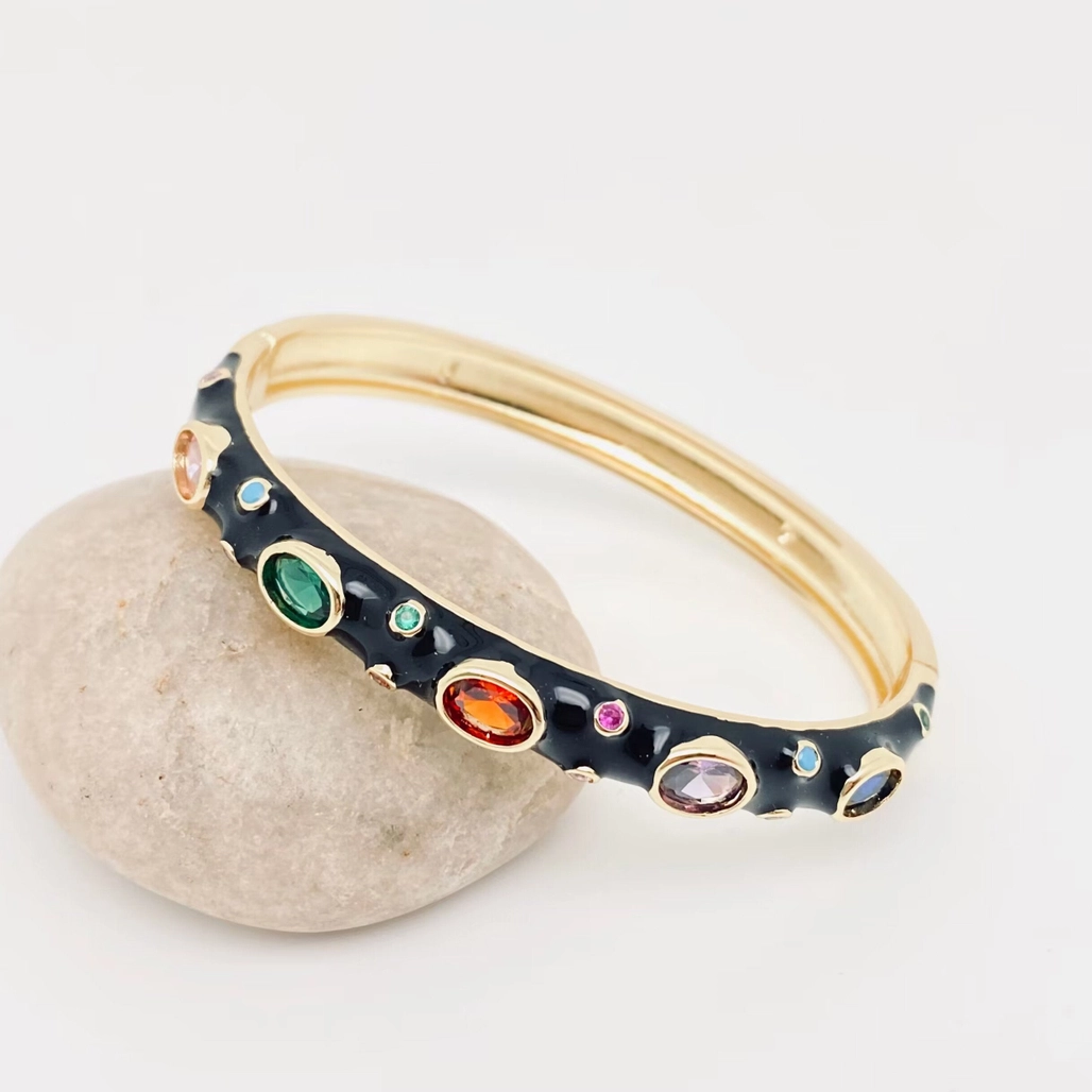 Inlaid Cubic Zirconia Gold Plated Enamel Bangle
