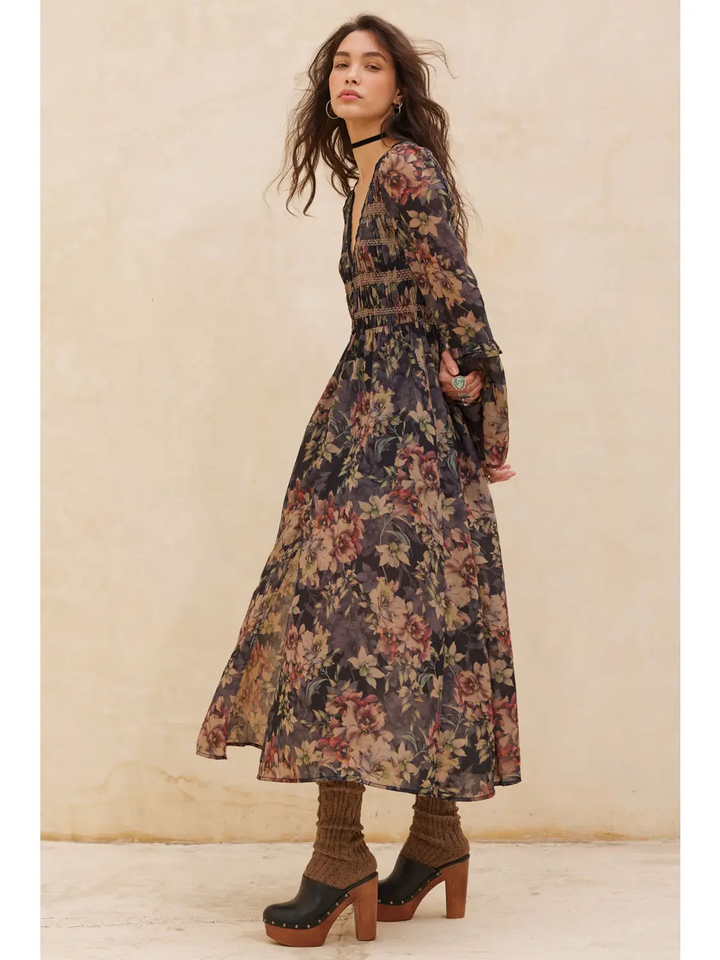 Floral Button-Front Smocked Bell-Sleeve Midi Dress