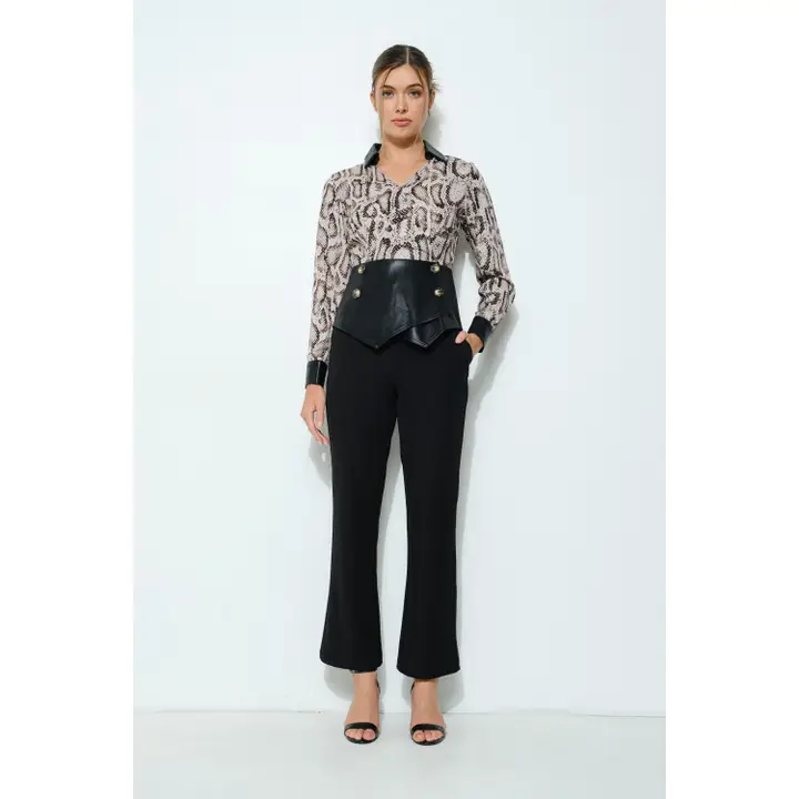 Animal Print Faux Leather Detail Peplum Top