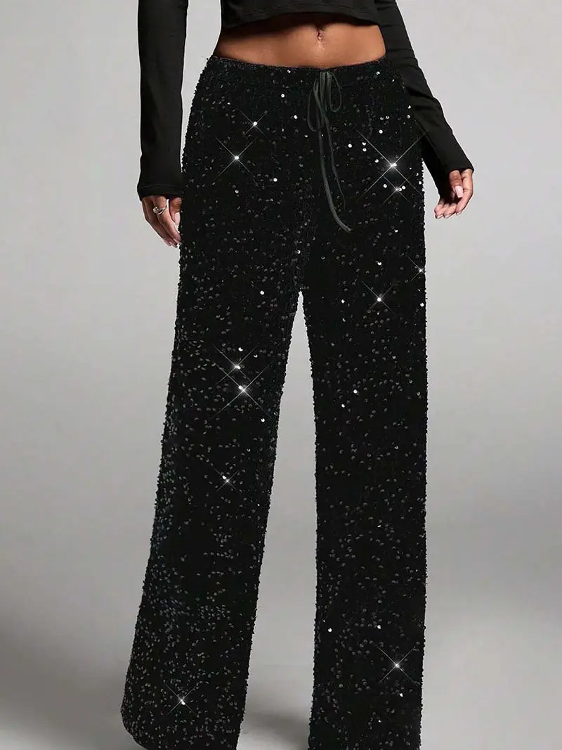 Sequin Drawstring Wide Leg Pants