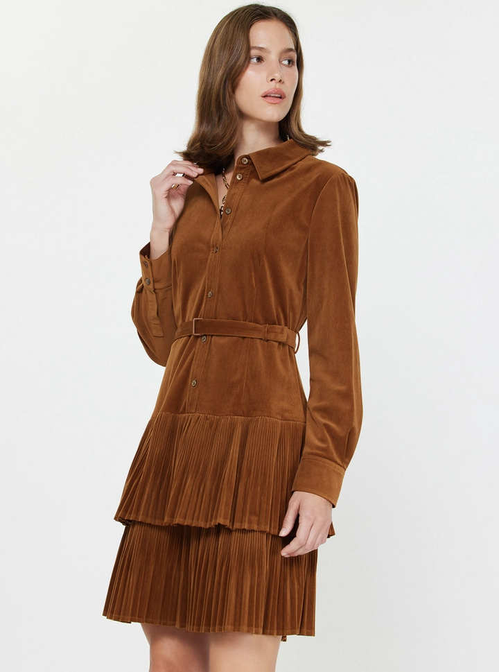 Velvet Pleated Tiered Shirt Mini Dress