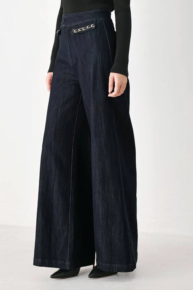 Denim Wide Leg Pant with Chain Trim on Pockets