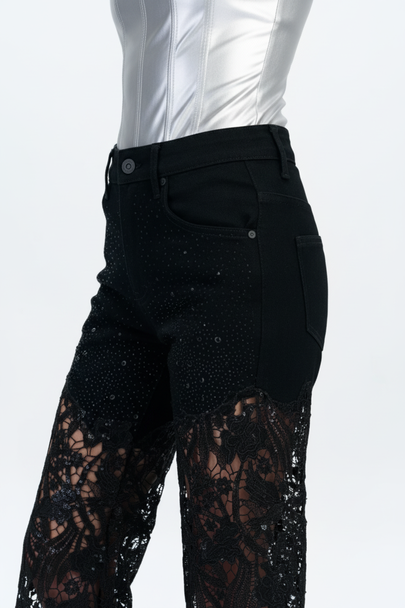 Close-up detail - bustier, sparkly denim, and lace