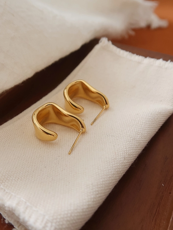 Ninelle 18K Gold Non Tarnish Sculpted Wave Hoop Earrings