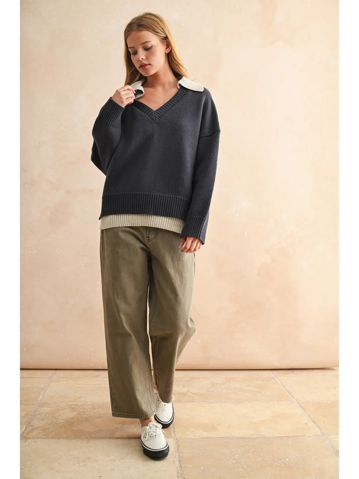 Color Combo V-Neck Sweater Top