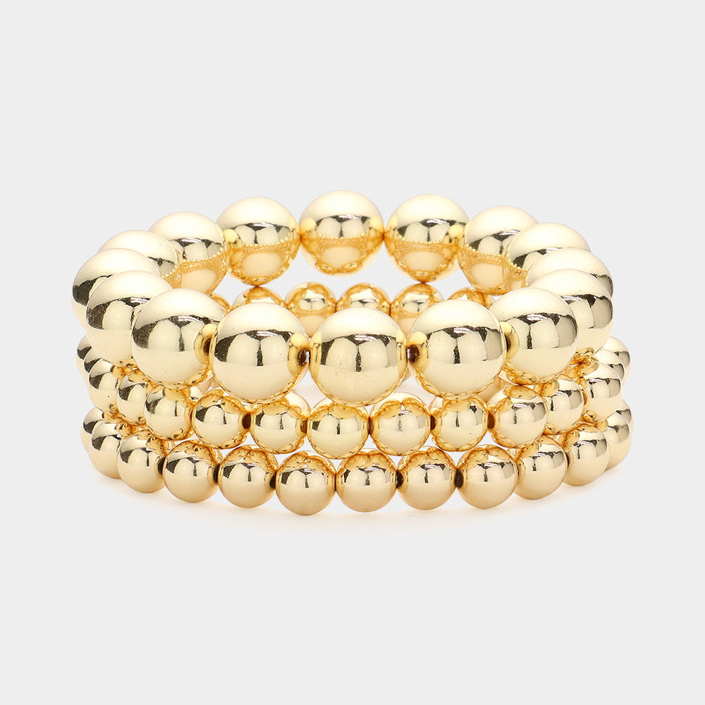 Gold Metal Ball Beaded Stretch Multi Layered Bracelets