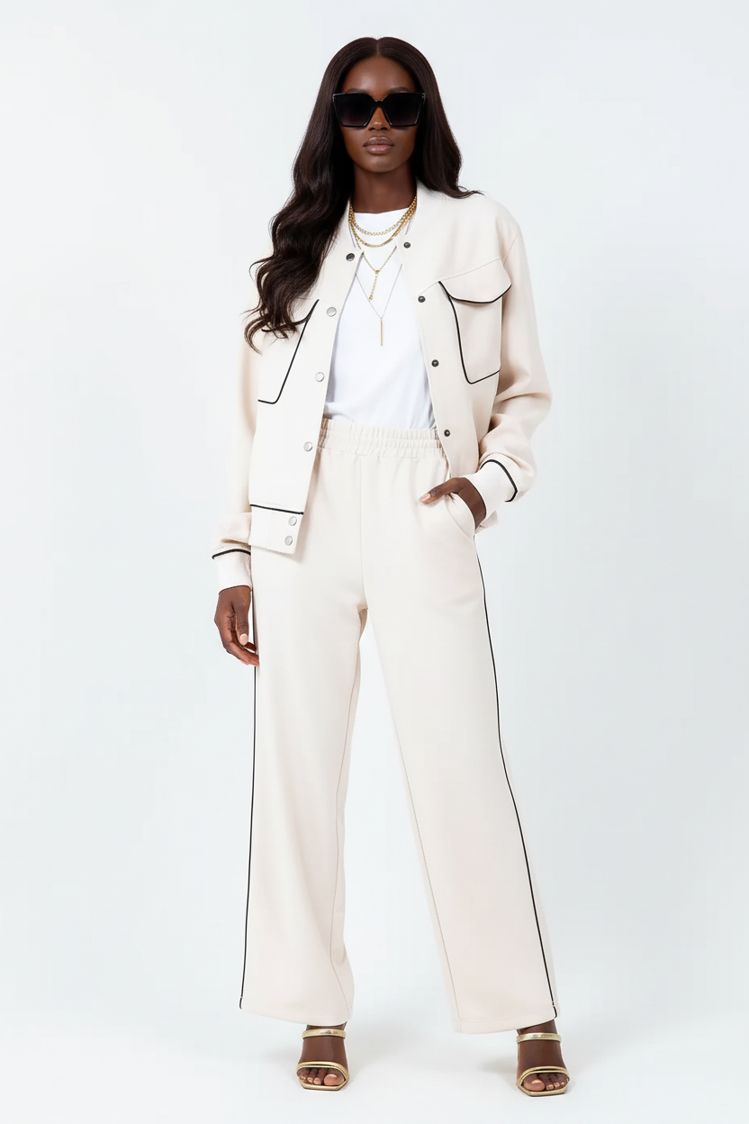 Contrast Piping Jacket — African American Model Front View