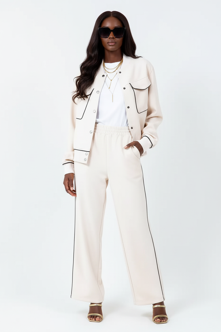 Contrast Piping Jacket — African American Model Front View