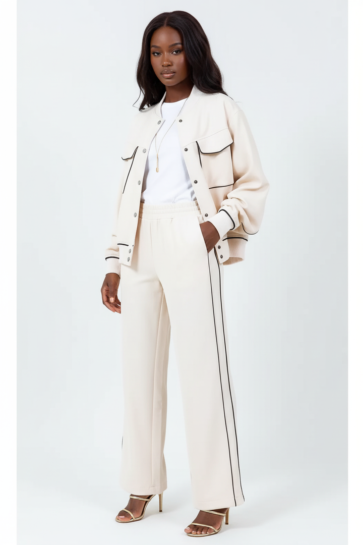 Contrast Piping Jacket — African American Model Three-Quarter Front