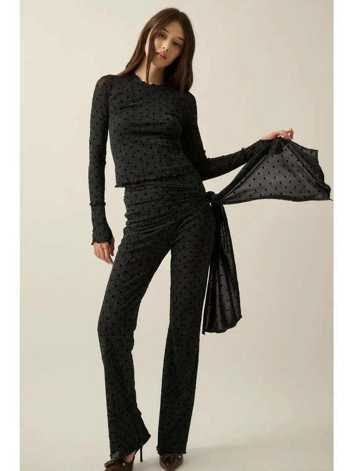 Flocked Polka Dot Burnout Mesh Thumbhole Top