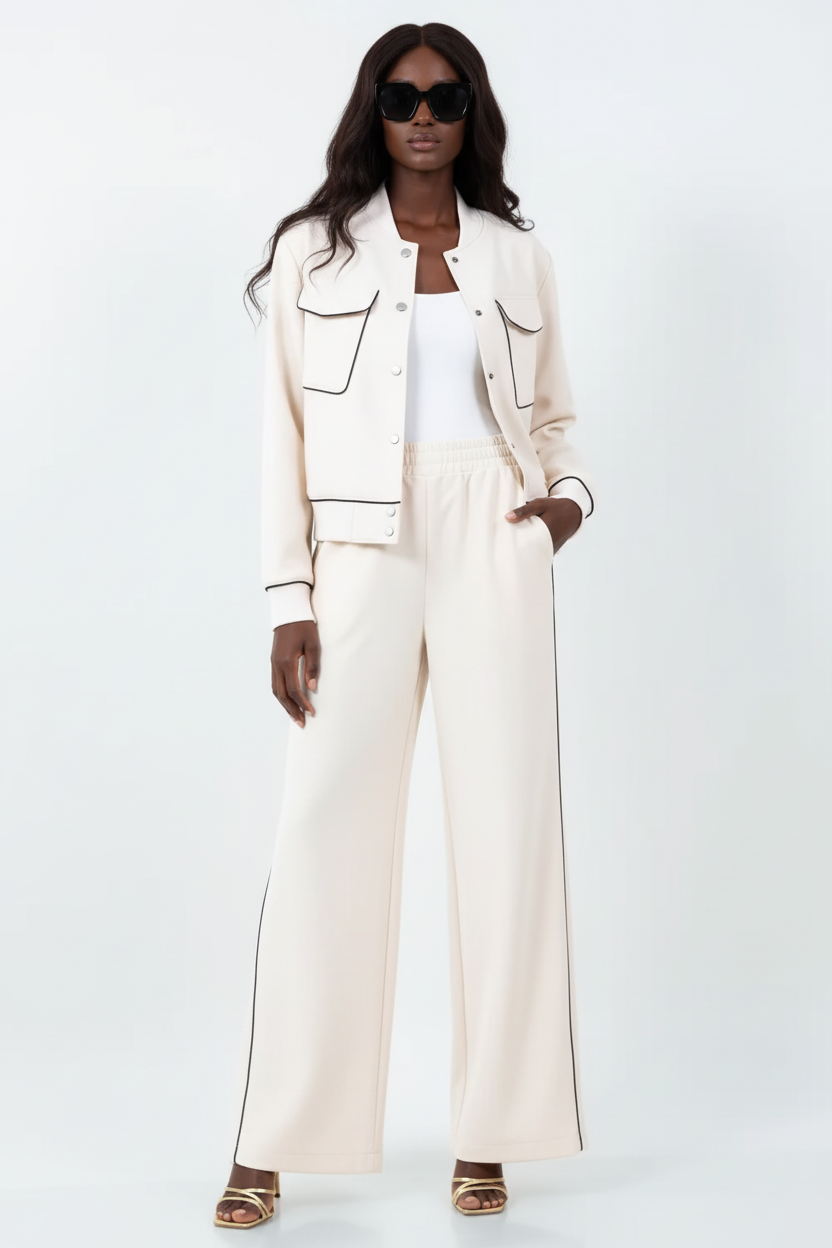 Cream Contrast Piping Co-ord — Elastic Waist Full Look