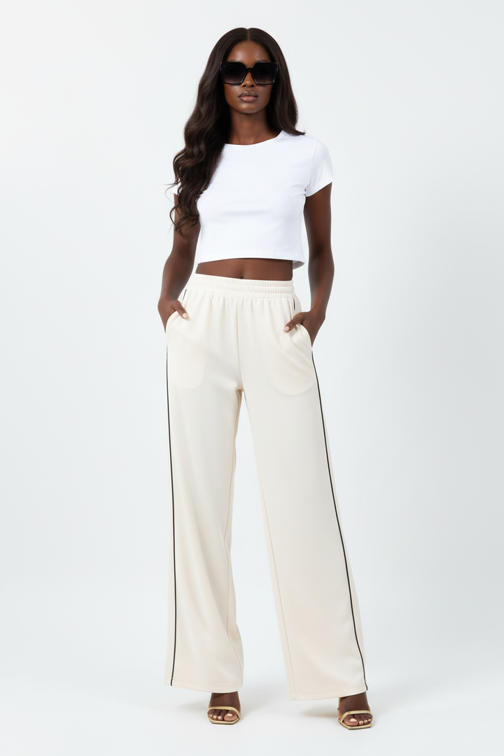 Cream Contrast Piping Trousers — Elastic Waist Tee Styling