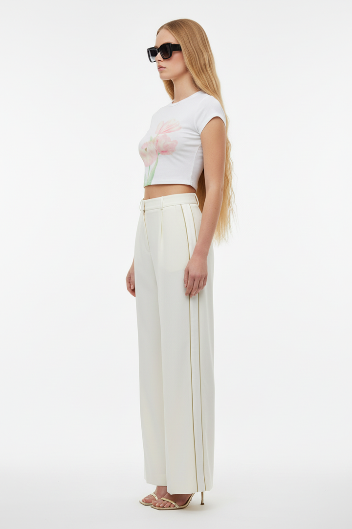 Cream Trousers + Tulip Tee — Blonde Model Side