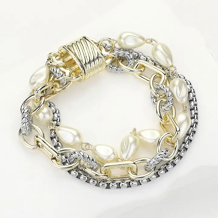 14K Gold Plated Chunky Chain Pearl Layered Bracelet