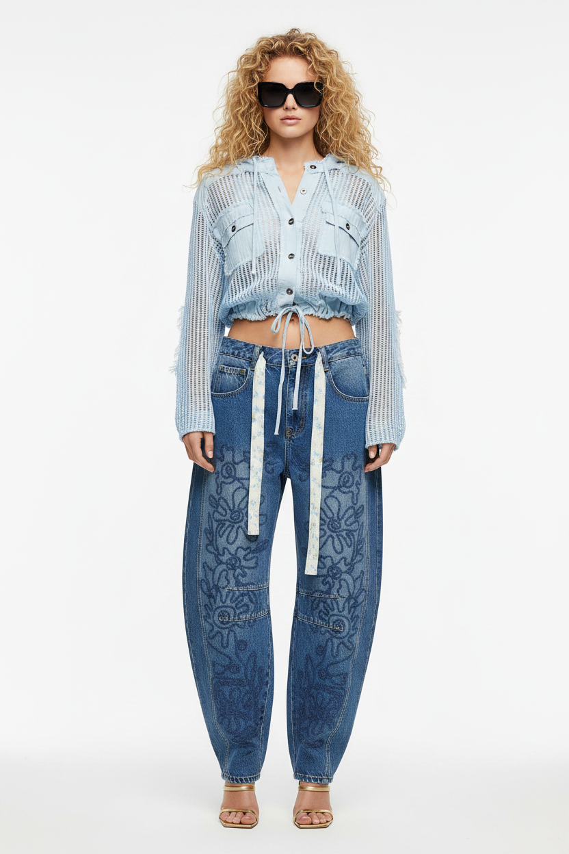 Curly blonde model, front, true barrel jeans + blue knit jacket
