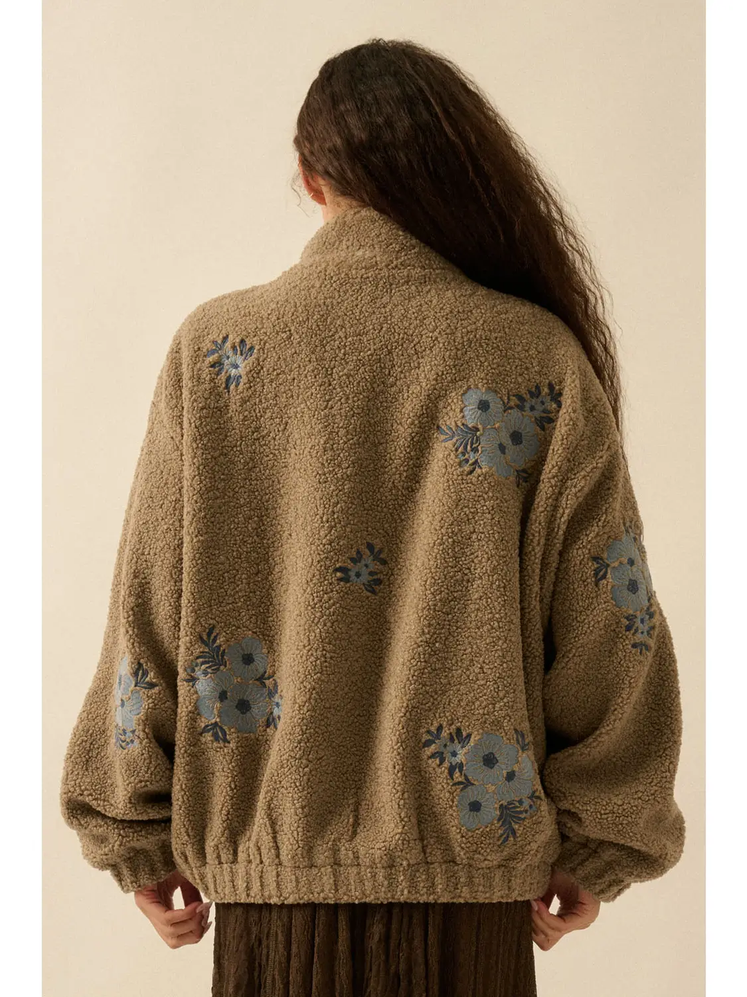 Floral-Embroidered Sherpa Fleece Zip-Up Jacket