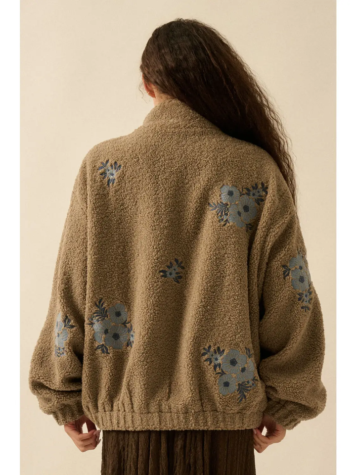 Floral-Embroidered Sherpa Fleece Zip-Up Jacket
