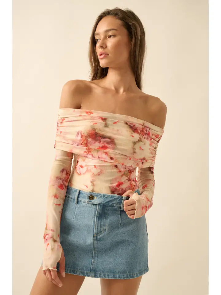 Floral Mesh Off-Shoulder Foldover Bodysuit