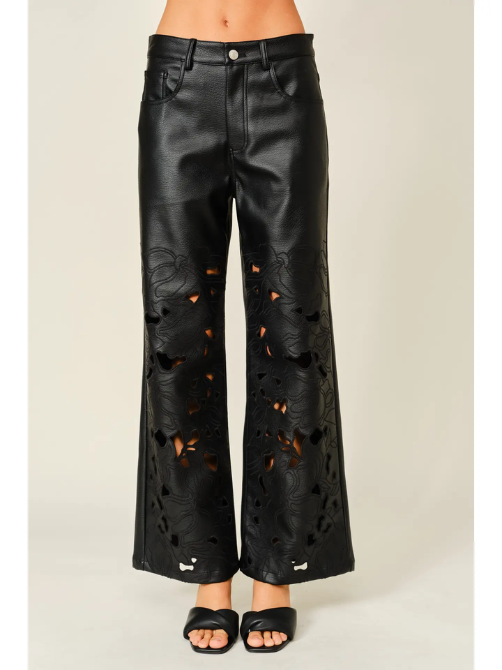 Vegan Leather Floral Cutout Wide Pants