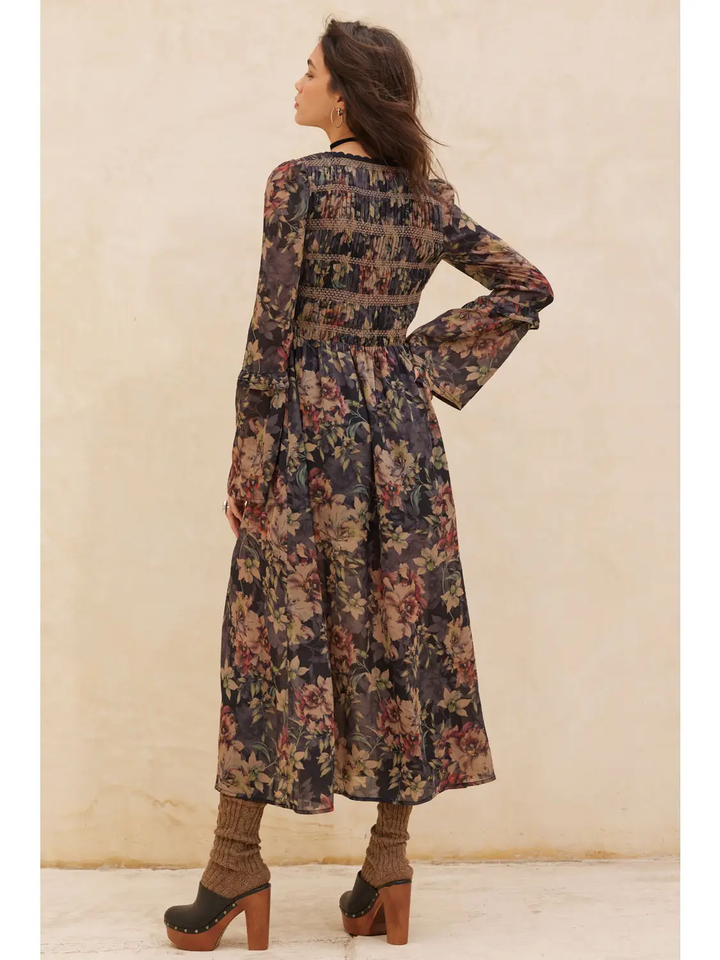 Floral Button-Front Smocked Bell-Sleeve Midi Dress