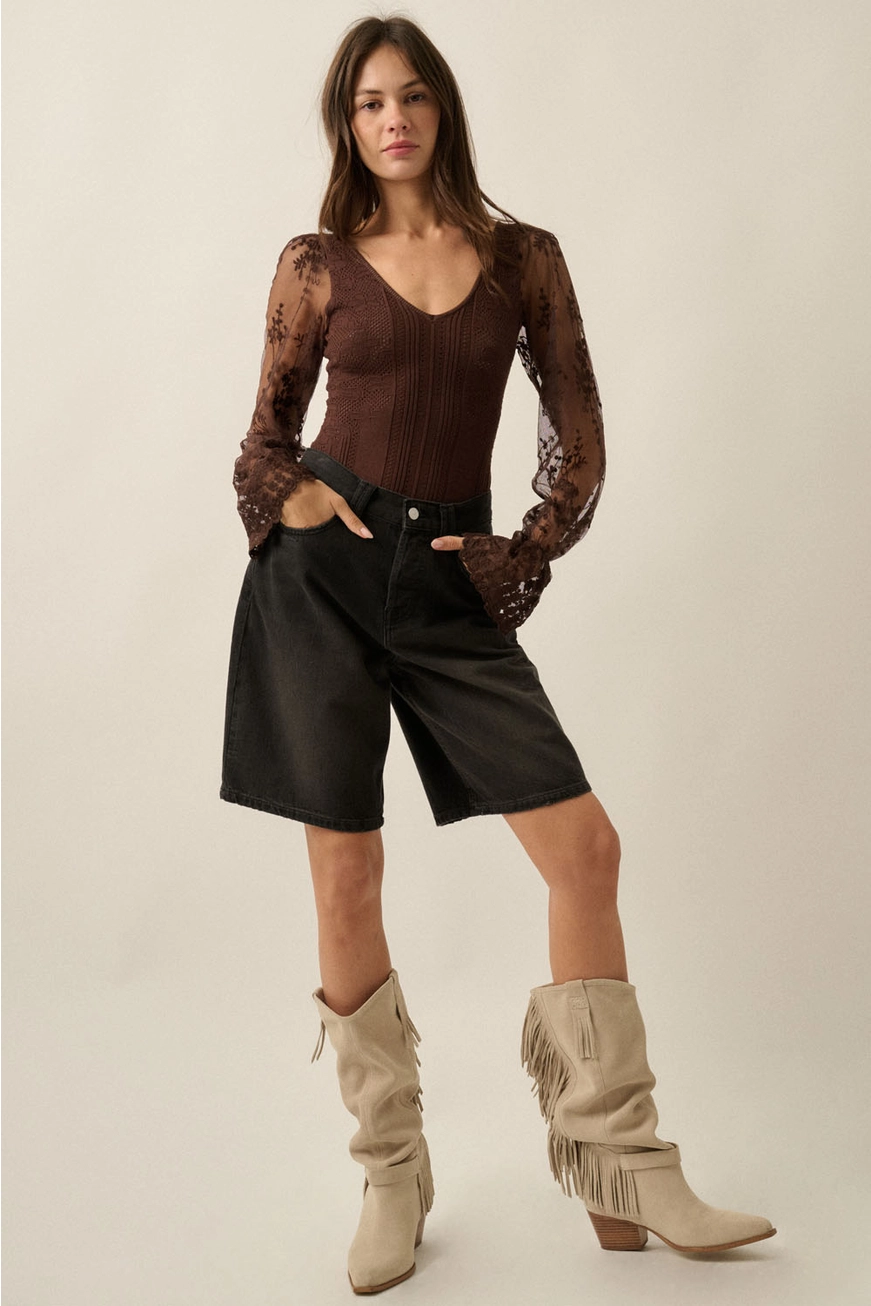 Floral and Ribbed Knit Lace Bodysuit