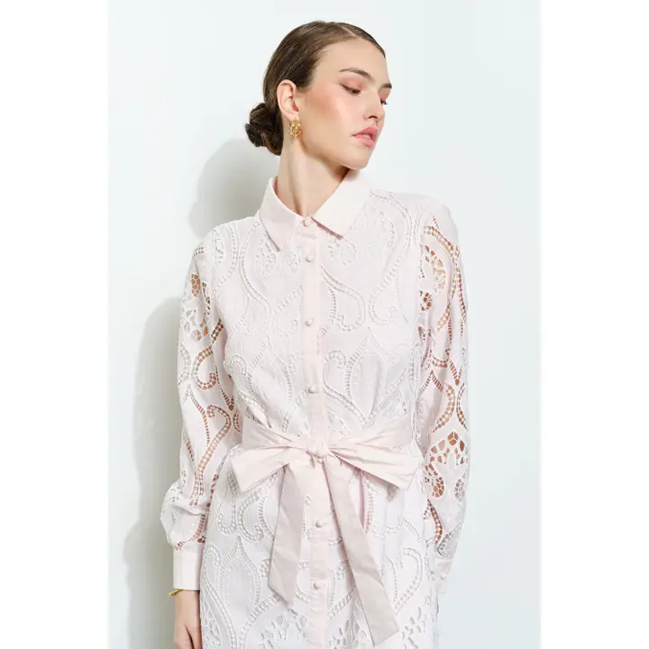 Lace Embroidered Waist Tie Long Sleeve Mini Dress