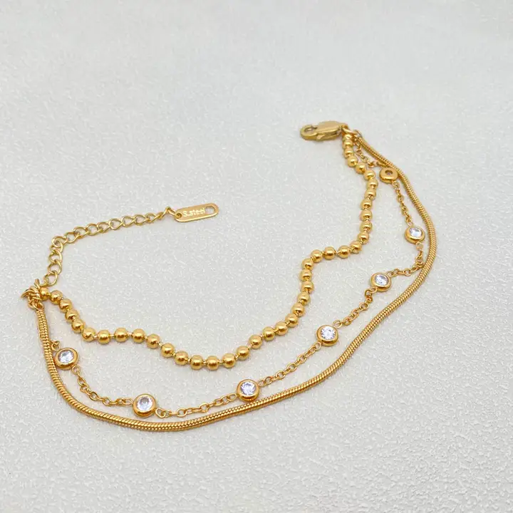 Inlaid Cz 3-layer 18K Gold Plated Steel Chain Bracelet