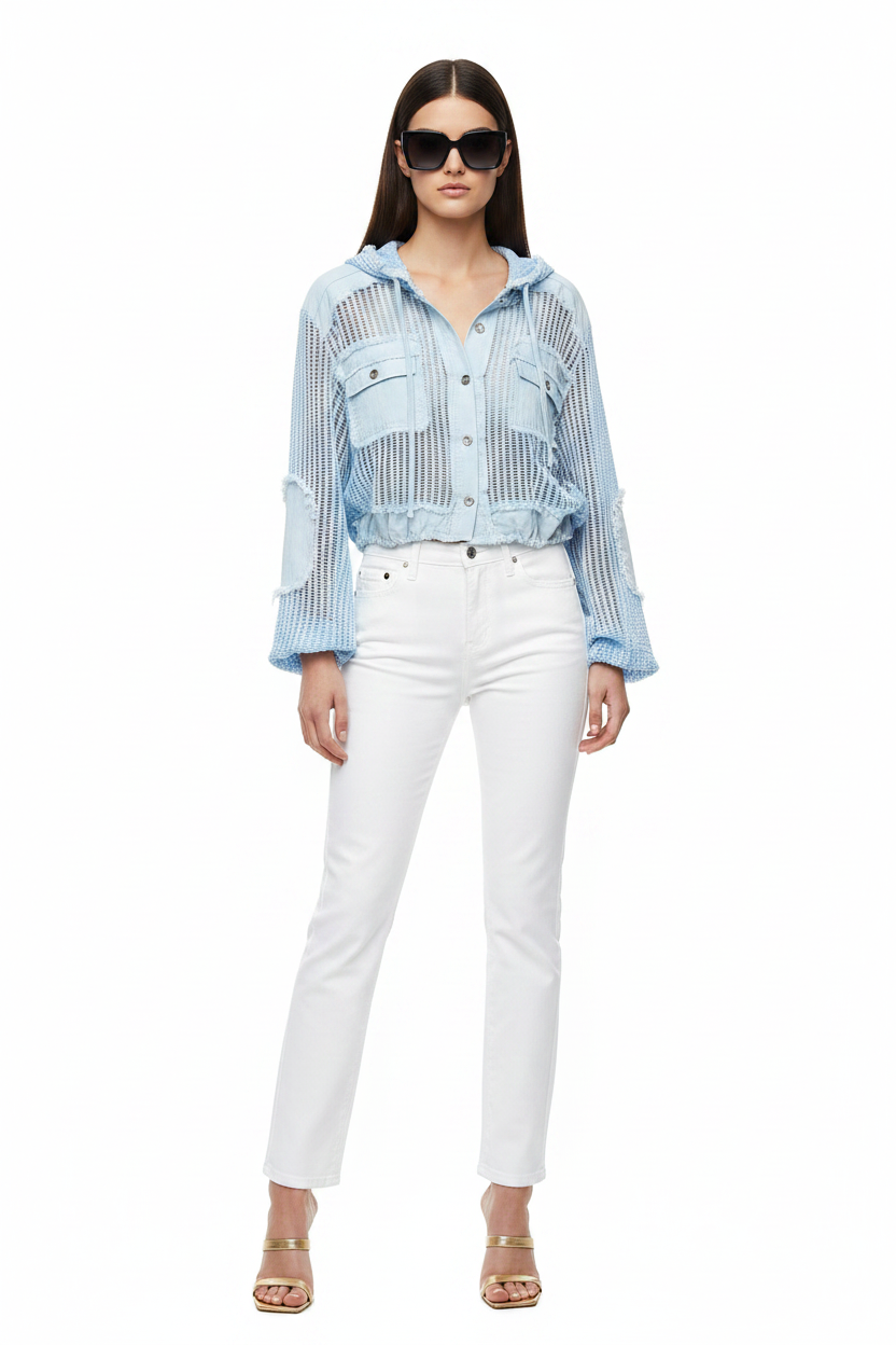 Dark hair Beciga model, front, white jeans + blue mixed-media jacket