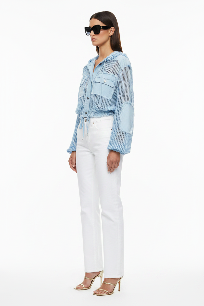 Dark hair Beciga model, side, white jeans + blue mixed-media jacket