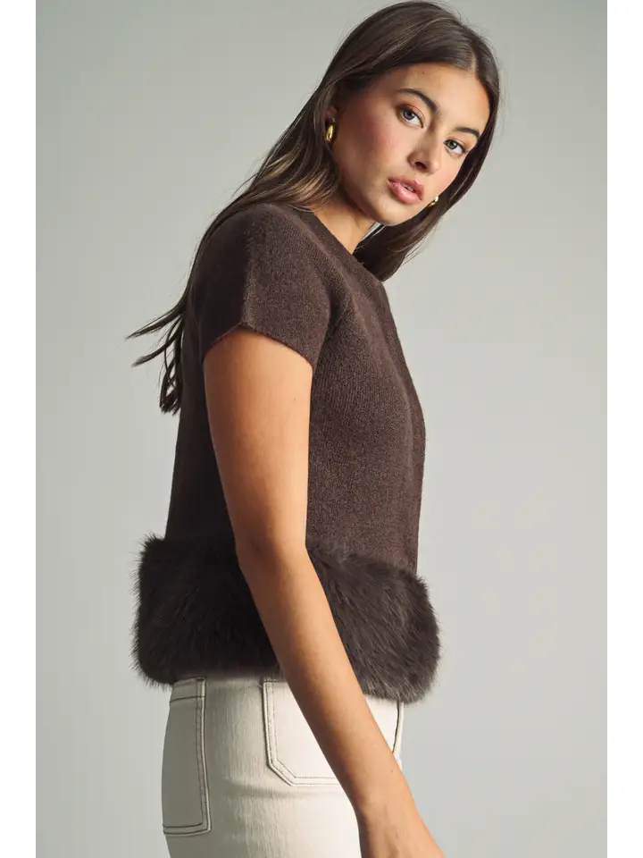 Fur Trimmed Button Front Knit Top