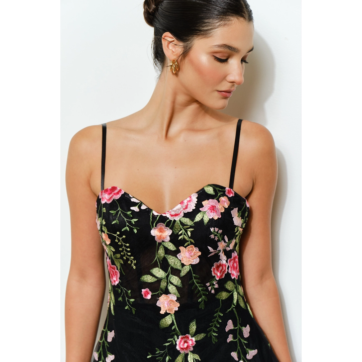 Floral Embroidered Sweetheart Tulle Midi Dress