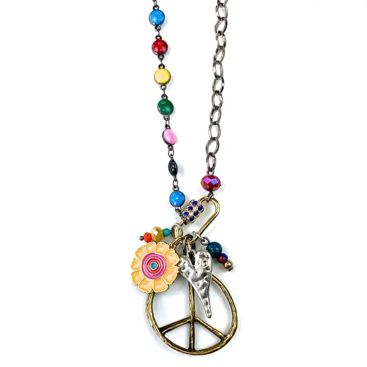 Dot Chain Necklace with Peace Sign & Mixed Charms