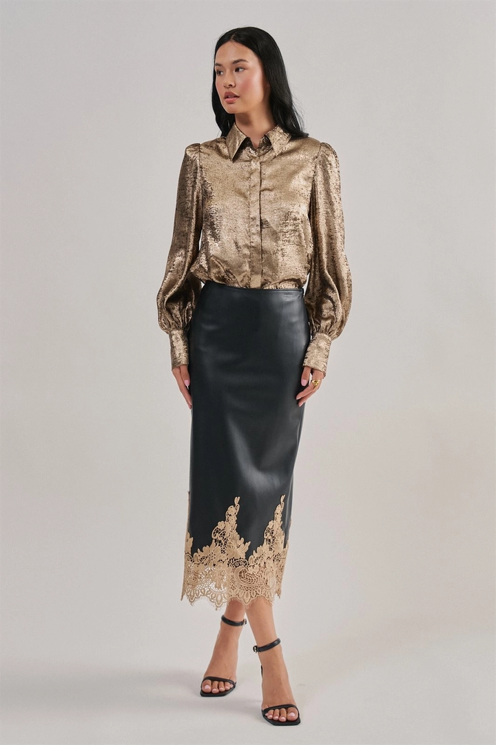 Faux Leather Midi Skirt with Lace Hem