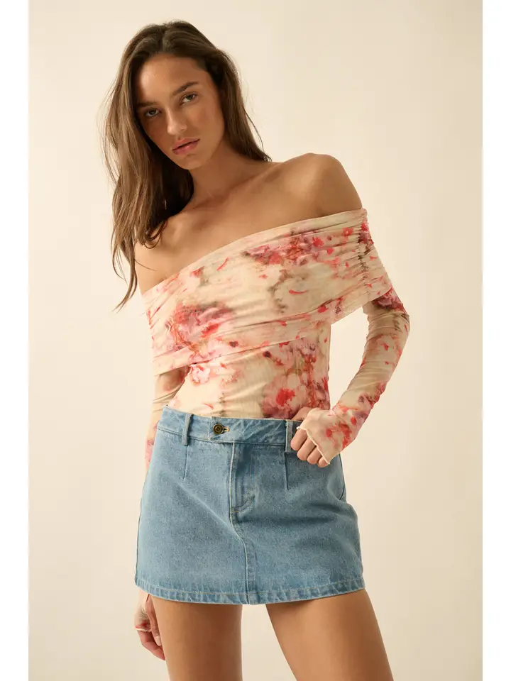 Floral Mesh Off-Shoulder Foldover Bodysuit