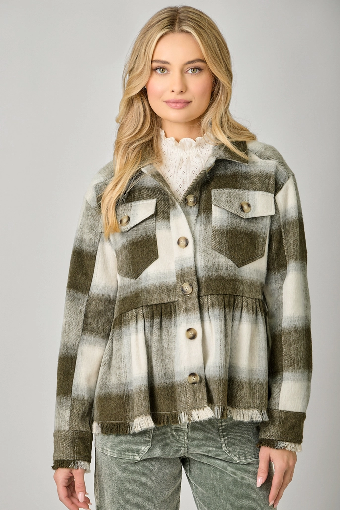 Peplum Fringe Plaid Jacket (available in black only)