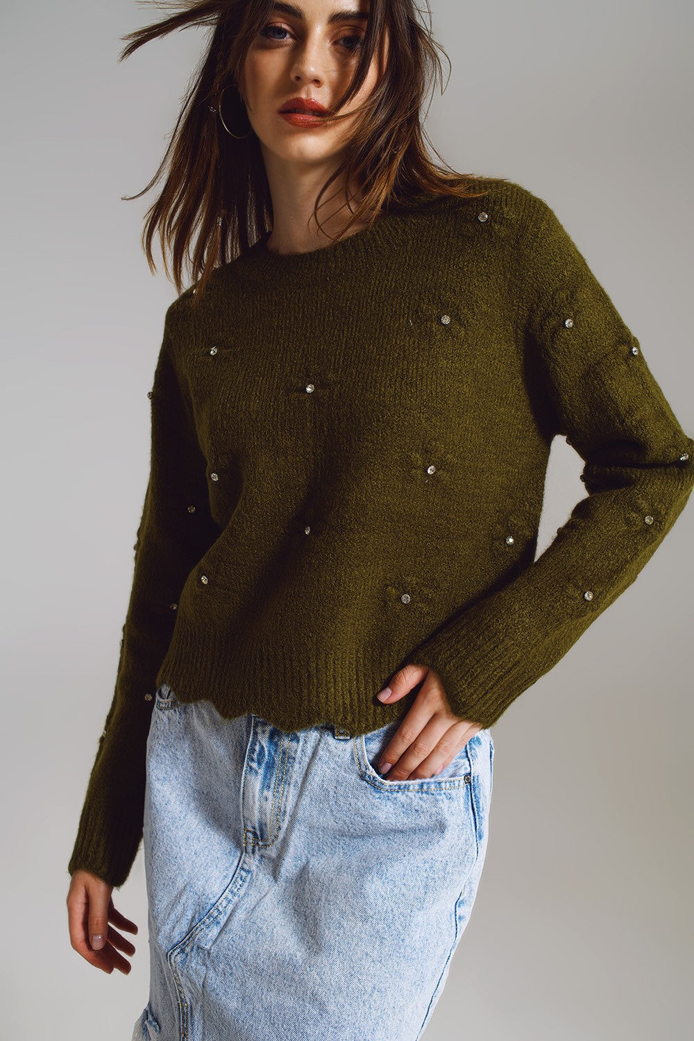 Samara Sweater With Knitted Flowers & Rhinestone Detail