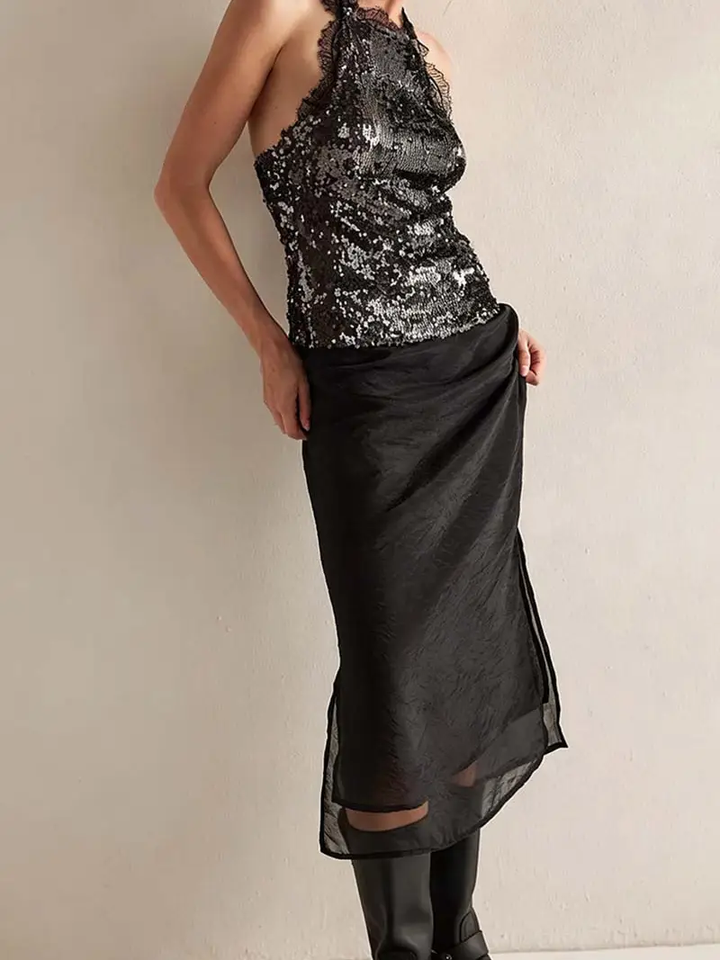 Sequin Lace Halter Tank Top