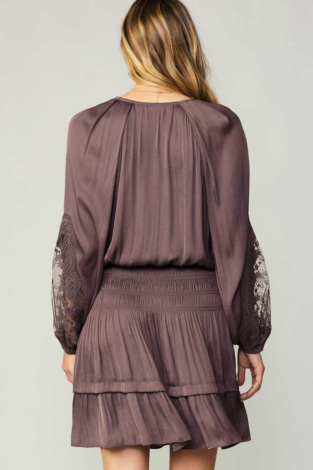 Deep Rose  Lace Sleeve Contrast  Dress - Beciga