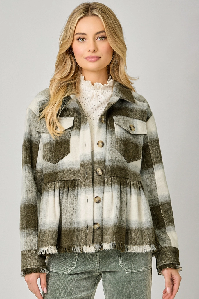 Peplum Fringe Plaid Jacket (available in black only)