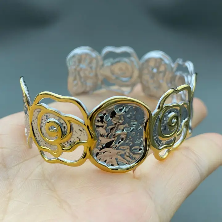 Two Tone Hammer Texture Flower Cuff