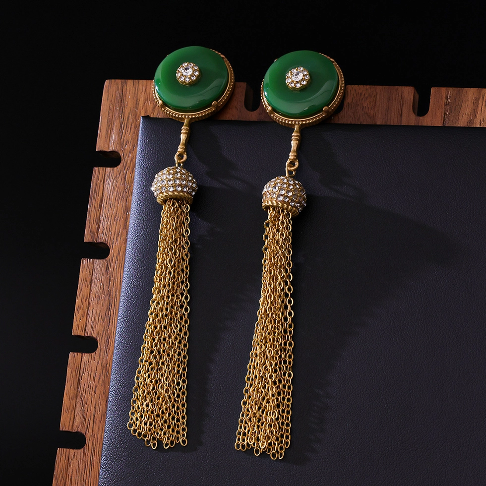 Vintage Green Stone Tassel Drop Earrings