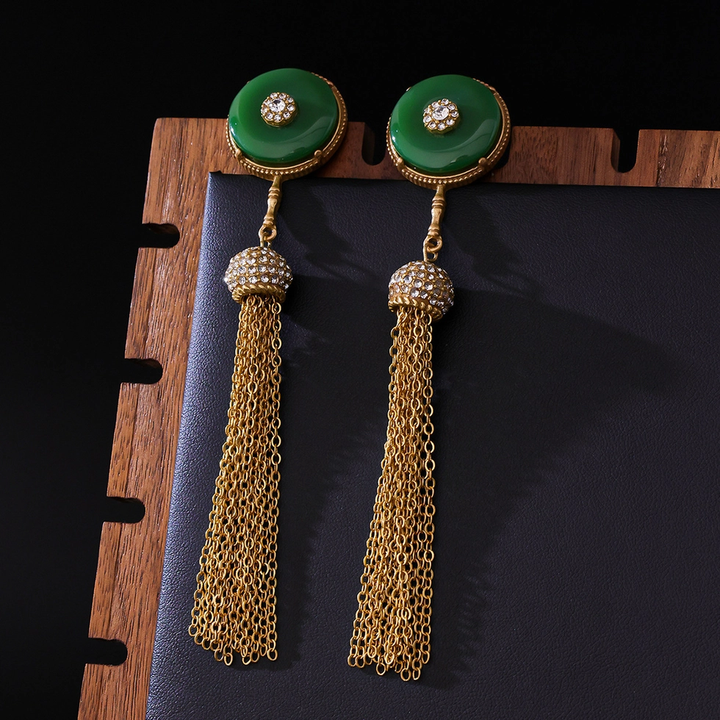 Vintage Green Stone Tassel Drop Earrings