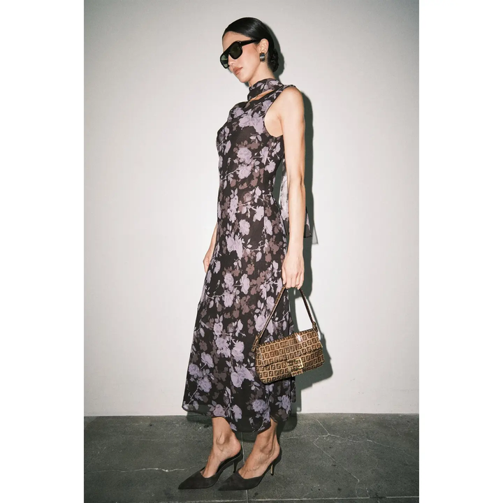 Noelle Sheer Chiffon Floral Cowl Neck Sleeveless Maxi Dress
